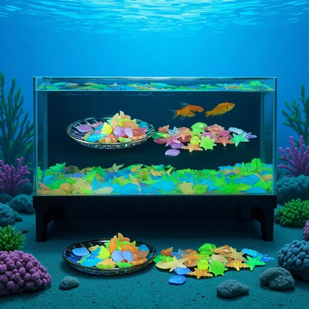 Aquarium Plant In Pot - 빛나는 해양석, 형광 조개껍데기, 화려한 불가사리